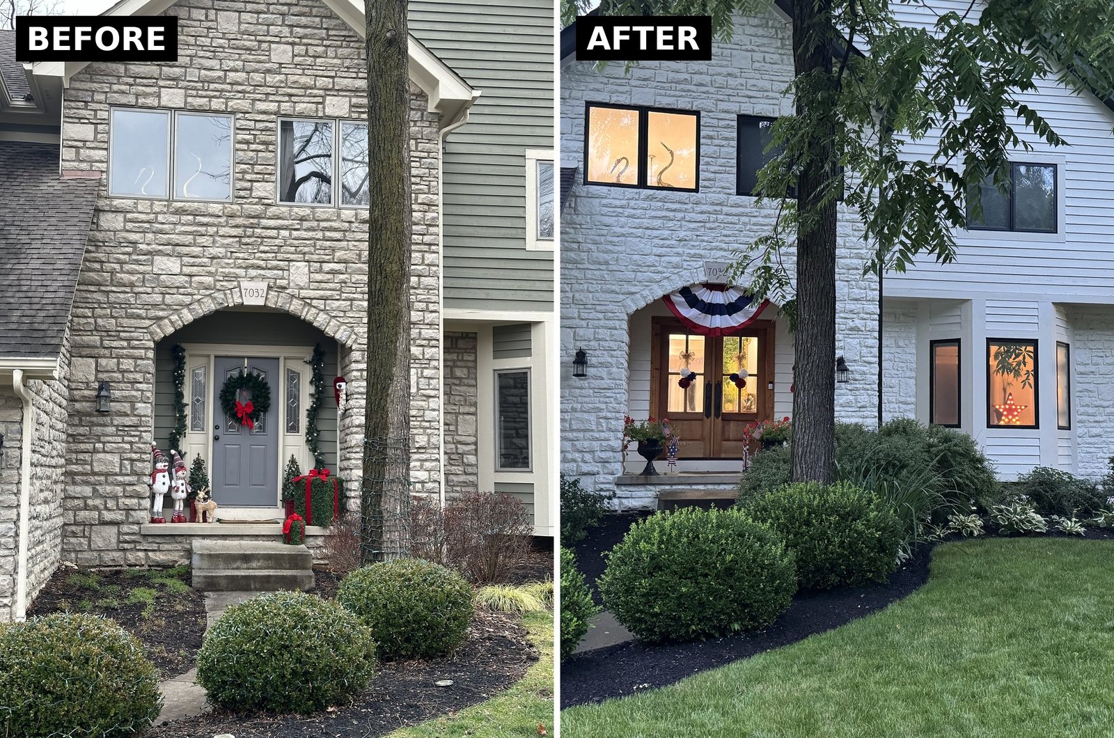 Before and after exterior repaint of a stone and siding home in Dublin, OH by A&A Painting